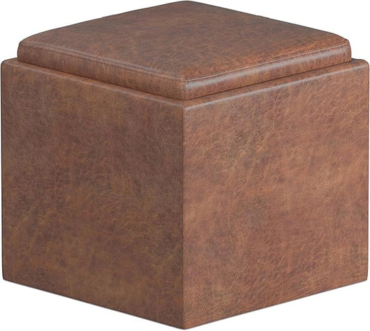 SIMPLIHOME Rockwood 18 inch Wide Contemporary Square Cube Storage Ottoman with Tray in Distressed Saddle Brown Vegan Faux Leather, Assembled, For the Living Room, Entryway and Family Room