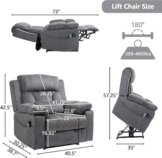 Big Man Power Lay Flat Lift Chair Oversized Recliner Dual Motor Heat Vibration for Elderly, Overstuffed Electric 28" Extra Wide Recliners with Flip Arm Storage Cup Holders,USB Type C Charging