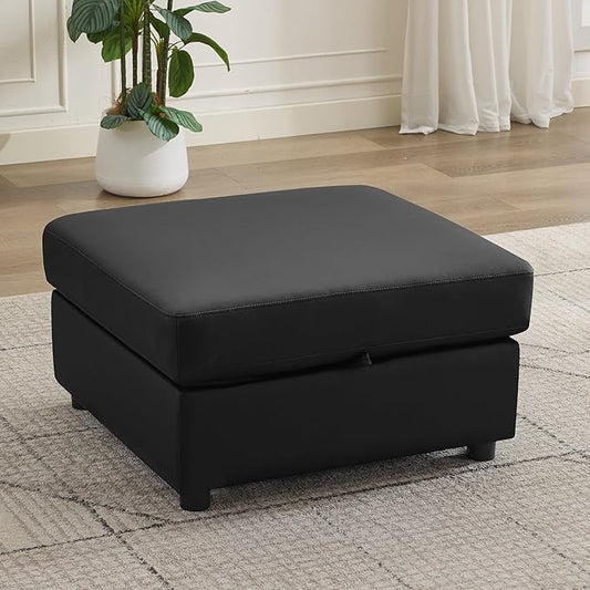 Ottoman with Storage, Faux Leather Square Storage Ottoman, Large Ottomans Foot Rest, Upholstered Foot Stools Ottomans for Modular Sectional Sofa, Coffee Table for Living Room, Black