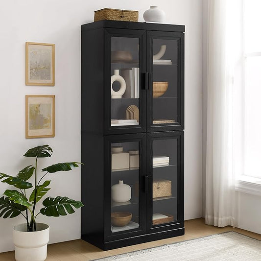 Crosley Furniture Essen Glass Door Kitchen Pantry Storage Cabinet with Doors and Shelves, Living Room, Black