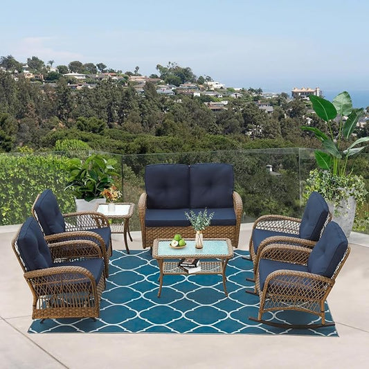VIVIJASON 7-Piece Outdoor Patio Wicker Conversation Sets, All Weather Outdoor Rattan Furniture Set Includes Glider Loveseat, 2 Rocking Chairs, 2 Glider Rocker Chairs, 2 Coffee Table, Navy Blue