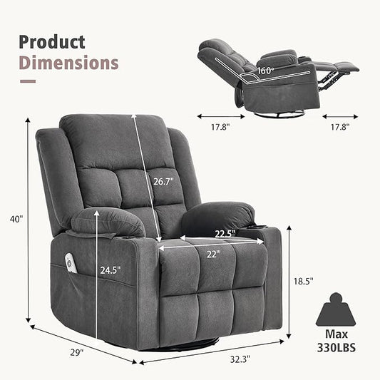 Swivel Rocker Recliner Chair for Adults with Massage and Heat, Cup Holders and Side Pockets, Glider Rocking Reclining Single Sofa Chair for Living Room (Dark Gray)