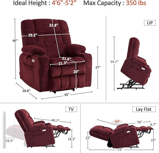MCombo Dual Motor Power Lift Recliner Chair for Elderly, Lay Flat Lift Chair with Heat and Massage, Petite Lift Chair, Cup Holders, USB A&C Ports, Fabric 7893 (Small, Burgundy)