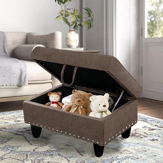Linen Fabric Storage Ottoman with Nailhead Trim, 28.5"X19.5"X17.5" Footrest Stool, Hidden Storage Foot Stool for Living Room, Bedroom Furniture, Gray-Brown