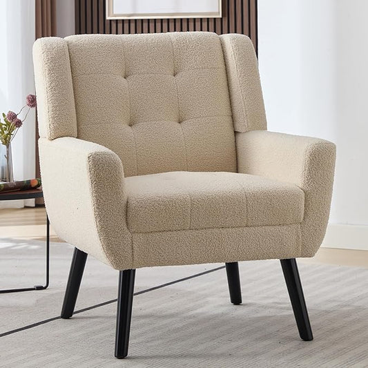 Dolonm Midcentury Modern Teddy Accent Chair with Arms, Upholstered Reading Side Chair Tufted Back Decorative Wingback Chair for Living Room Bedroom (White)