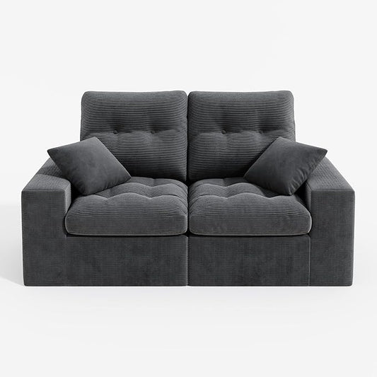 High Back Boneless Couch, Loveseat Cloud Couch with Versatile 2-Pack Pillow Blankets, Corduroy Modular Sectional Sofa, No Assemble Sectional Couches for Living Room, Dark Grey