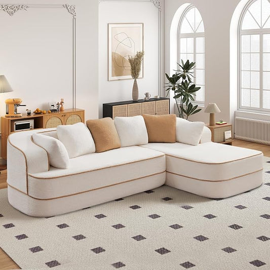 Cloud Sectional Sofa Modern Boneless Couch for Living Room, Comfy Deep Seat Comfy Teddy Fabric Double Sofa Chaise No Assembly Required (White, 106" L Shape with Right Facing)