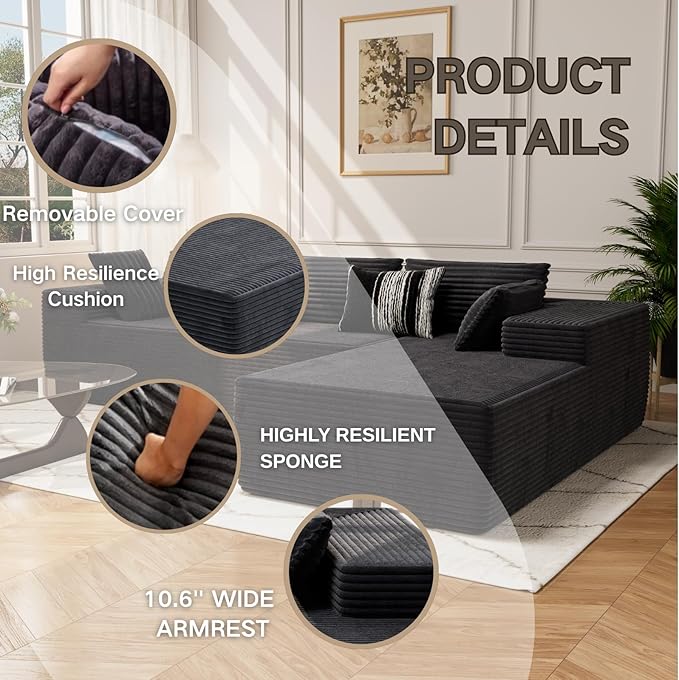 Kingdura 105.5'' Cloud Sectional Couch with L-Shape Chaise, Black Modern Modular Sofa with Deep Seat, Corduroy Fabric, No Assembly Required, Upholstered Couches for Living Room Bedroom