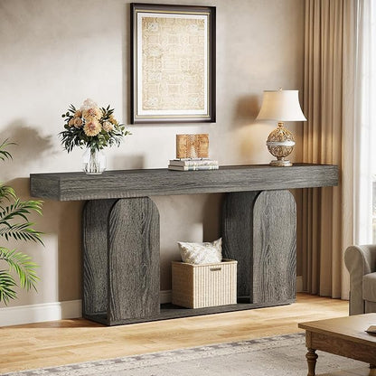 Tribesigns 70.9-Inch Extra Long Sofa Table, Farmhouse Console Tables with Wood Frame and Storage Shelf, 2-Tier Wood Table Behind Couch for Living Room, Hallway, Foyer, Light Brown (Dark Gray)