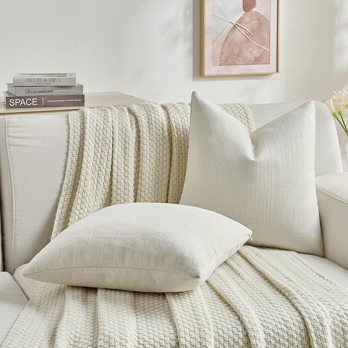FUTEI Cream Decorative Throw Pillow Covers 22x22 Inch Set of 2,Soft Cozy Wheat Ear Striped Patterns Cushion Cases,Modern Home Decor for Couch Bed Living Room