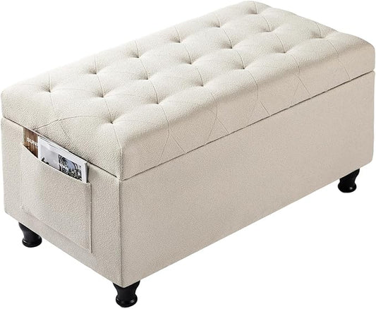 Ottoman with Storage 32'' Ottoman Storage Bench Fabric Ottomans Footstools Upholstered Foot Rest Stool for Couch, Living Room, Bedroom, Entrance Shoe Bench Beige