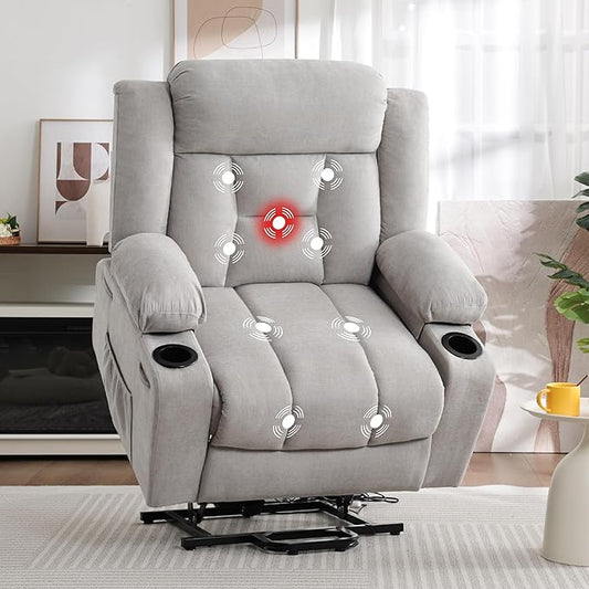 Dual Motor Power Lift Recliner for Elderly, Large Electric Lift Recliner with Massage and Heat, Cup Holders, Side Pocket, Fabric(Light Grey)