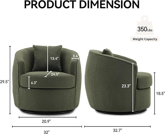 Swivel Accent Chair Set of 2, Modern Upholstered Boucle Barrel Arm Chairs with Pillow for Living Room, 360 Degree Round Swivel Sherpa Armchair with Round Base for Bedroom Club (2, Green)