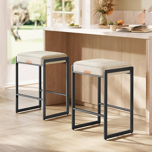 VASAGLE EKHO Collection - Bar Stools Set of 2, Counter Height Bar Stools, Synthetic Leather with Stitching, Mid-Century Modern Counter Stools, 26-Inch Tall, Kichen Home Bar Dining Room, Cream White