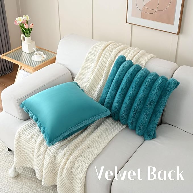 FUTEI Teal Decorative Throw Pillow Covers 22x22 Inch Set of 2, Square Soft Faux Rabbit Fur Thick Striped Cushion Cover,Winter Home Decor for Couch Bed Living Room