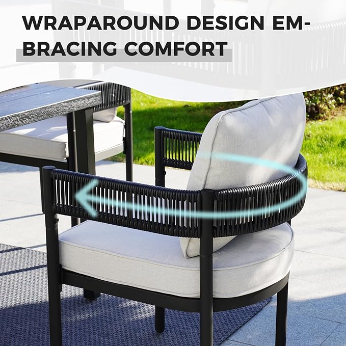 Grand patio Outdoor Dining Set for 6, 7 PCS Patio Table and Chairs Set, Metal Woven Wicker Fixed Patio Chairs with Thickened Cushions & 1 Rectangular Woodgrain Dining Table with Umbrella Hole (Black)