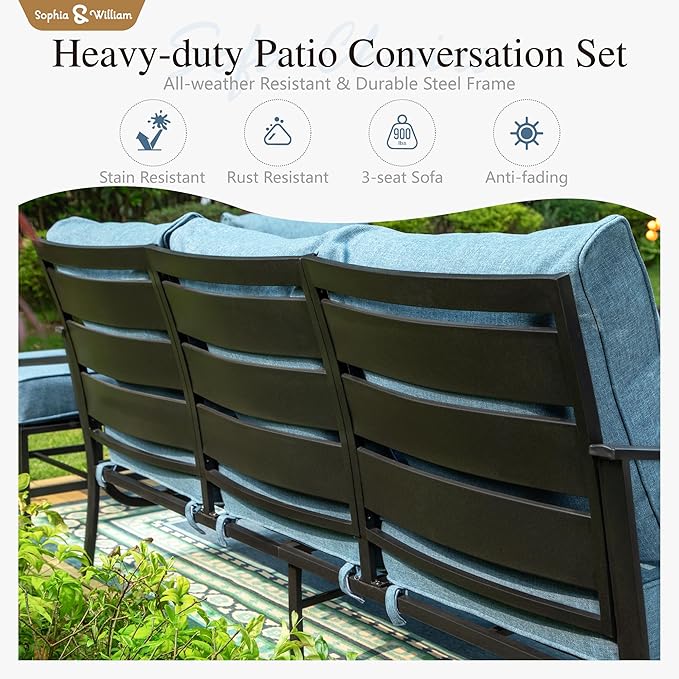 Sophia & William Patio Furniture Sets 5 Seats Outdoor Metal Conversation Sets 4 Pcs with 2 x Cushioned Swivel Sofa Chairs,1 x 3-Seat Sofa, 1x Marbling Metal Coffee Table Lawn Backyard Poolside Navy