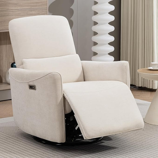 Power Swivel Recliner Chair, Upholstered Fabric Glider Electric Rocking Chair for Adults. Nursery Rocker Single Sofa with Lumbar Support for Living Room. Dual-port Charging: Type-C&USB, Beige