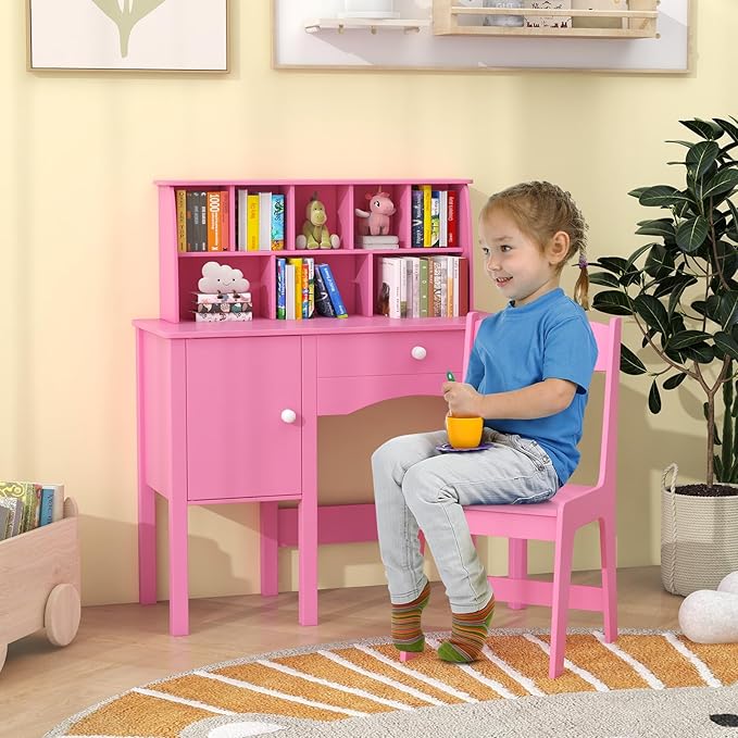 Costzon Kids Desk and Chair Set, Wooden Children Study Desk w/Hutch, Large Cabinet and Drawer for Home School Writing, Reading & Drawing, Computer Workstation Student Table and Chair for 3+ (Pink)