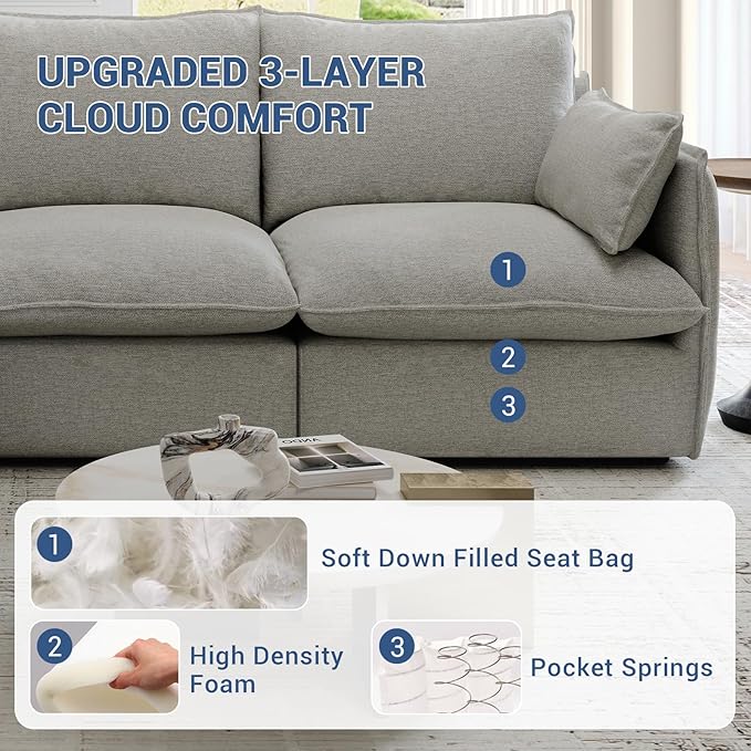 94.6" Cloud Modular Sectional Sofa, Waterproof Down Filled Sectional Sofas, High Backrest L Shaped 3 Seater Sectional Couches with Ottoman, Modular Couch with Removable Cover, Light Gray