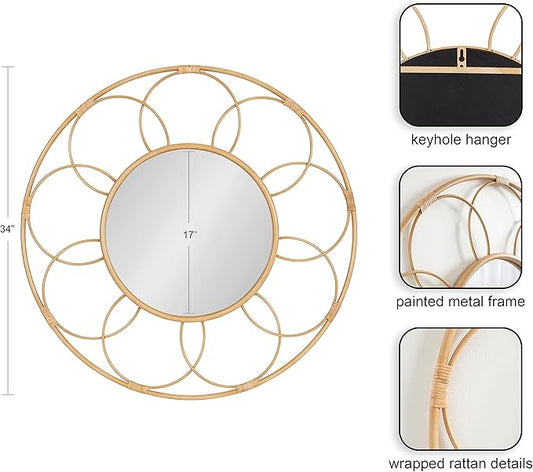Kate and Laurel Cori Boho Round Mirror; 34 Inch Diameter; Natural; Light Decorative Metal Mirror with Rattan Accenting for Coastal Home Wall Decor