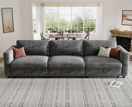 KKL Modular Sectional Sofa Couches for Living Room, 113" Sofa Couch with Adjustable Backrest, Chenille 3 Seater Sofa Couch with Comfy Cushion, Chenille, Grey