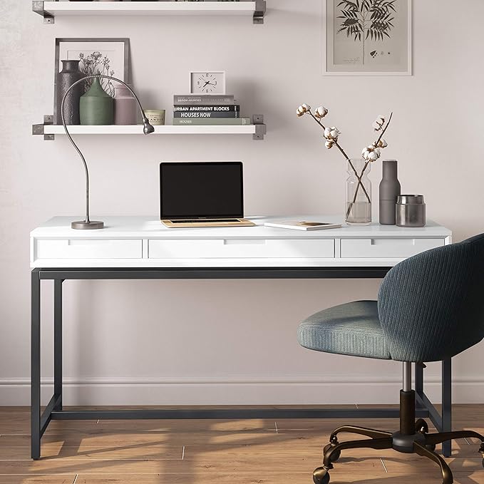 SIMPLIHOME Banting Desk - 60-Inch Wide Solid Hardwood and Metal Writing Desk in White, Modern Industrial Home Office Computer Table for Study with 2 Drawers and Flip-Down Keyboard Tray