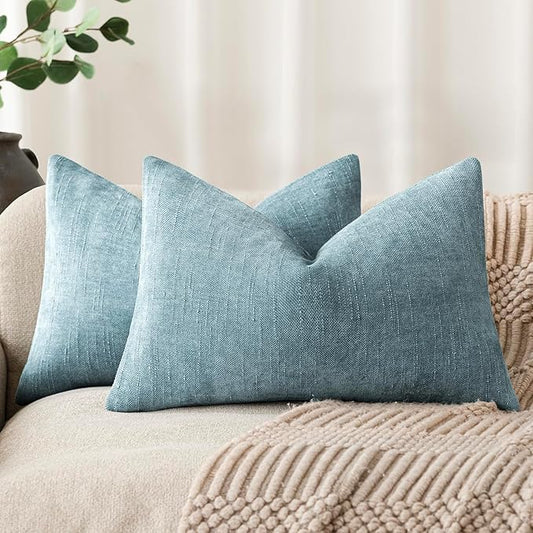 Foindtower Pack of 2 Soft Textured Chenille Throw Decorative Pillow Covers Square Accent Solid Cushion Cover Neutral Lumbar Pillow Case for Couch Sofa Bedroom Living Room 12x20 Inch,Light Blue
