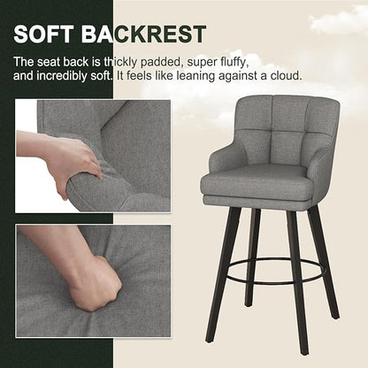 360°Swivel Counter Height Bar Stools with Back, 30 inch Solid Wood Legs, Bar Stool Modern Kitchen Island Chairs, Fabric (Mid-Grey- Fabric, 30" H- Set of 2)