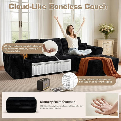 106" Cloud Sectional Couch with L-Shape Chaise & Ottoman, No Assembly Modular Sofa, Deep Seat Plush Corduroy Boneless Couched for Living Room (Black Plush Corduroy, Right Facing Chaise with Ottoman)