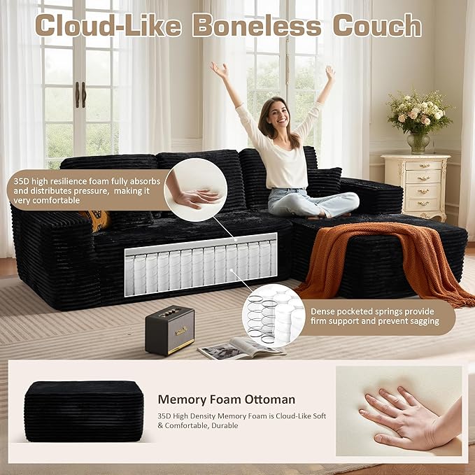 133.1'' Boneless Sectional Couches for Living Room, Oversized Cloud Couch with Chaise & Ottoman, Modular Sofa Sets Deep Seat Plush Corduroy, No Assembly Required,Plush Corduroy,Black