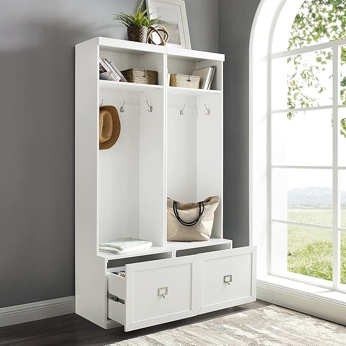 Crosley Furniture Harper 2-Piece Hall Tree Entryway Set with Storage Bench and Coat Rack Hooks for Hanging, White