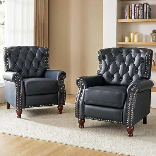 HULALA HOME Genuine Leather Recliner Chair Set of 2 w/Solid Wood Feet, Modern Adjustable Tufted Push Back Arm Chair w/Rivet Decoration, Home Theater Seating Reclining Sofa for Living Room, Navy