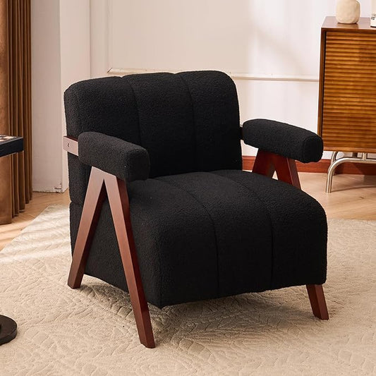 Accent Chair with Wide Seat, Anthropologie Living Room Chair with Wide Armrest, Pottery Barn Accent Chair Bedroom Chair with Thick Cushion, Comfy Teddy Tufted Side Chair for Lounge, Black