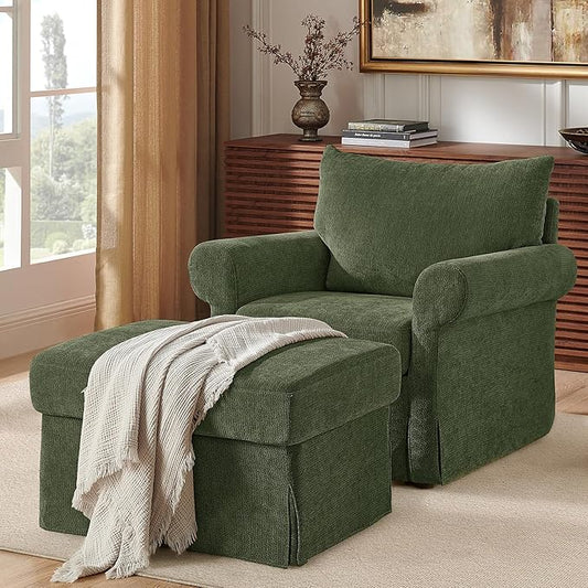 Modern Accent Chairs with Ottoman Set, Comfy Chenille Reading Armchair with Rolled Arms and Cushion Backrest, 35.8" W Chaise Lounge Chair for Living Room, Bedroom, Study, Apartment, Green
