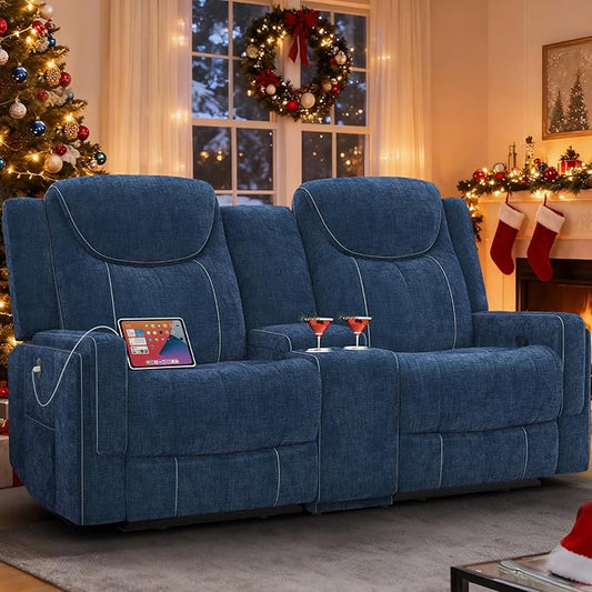 Loveseat Recliner Sofa, Manual Reclining Loveseat Sofa with Storage Console, Cup Holders, USB Ports, Modern Luxury Large Navy Blue Linen Recliner Couch for Living Room/RV