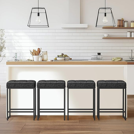 Yaheetech 24" Leather Bar Stools Set of 4, Kitchen Counter Height Bar Chairs Stools, for Kitchen Island, Dining Room, Black