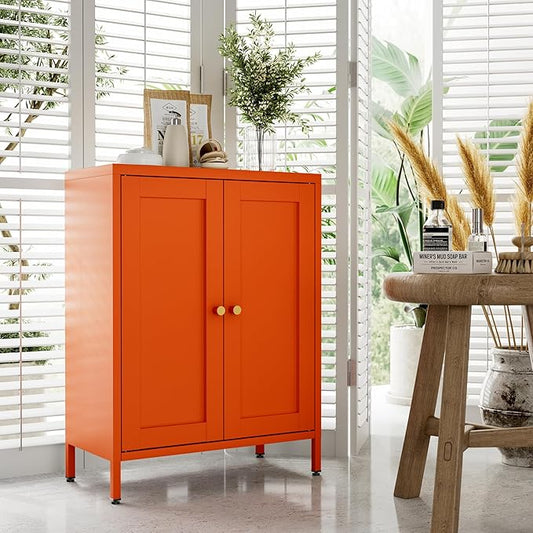 Small Bathroom Storage Cabinet, Metal Sideboard with 2 Doors and 2 Adjustable Shelves, Orange Floor Locker Cabinet 12" Shallow Storage Lockers for Bathroom, Living Room, Hallway, Entryway