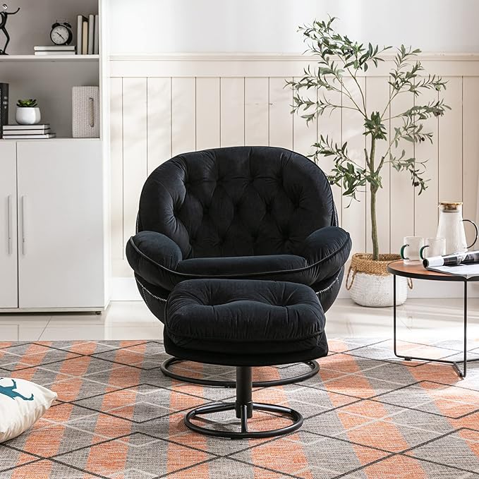 Set of 2 360° Swivel Modern Velvet Accent Chair with Ottoman | Mid-Century Button Tufted Lounge Chair for Living Room & Bedroom, Black
