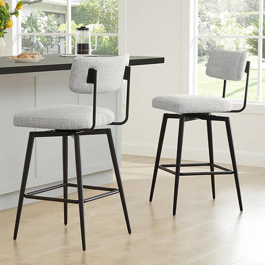 Watson & Whitely Swivel Counter Height Bar Stool Chairs Set of 2, 27.4" Fabric Upholstered Counter Stools with Back and Metal Frame, White (Multi-Colored)