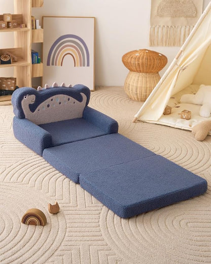 Blissful Diary Kids Couch, 2-in-1 Soft Toddler Couch Fold Out, Toddler Chair Comfy, Convertible Sofa to Lounger, Kids Furniture for Playroom, Gift for Birthday, Children's Day, Blue Dinosaur
