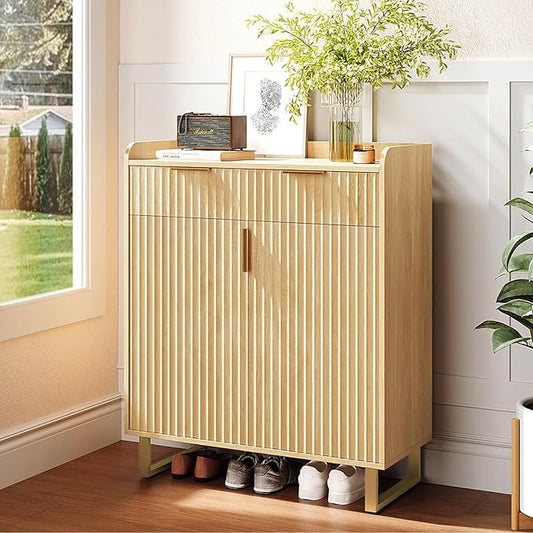 VINGLI Fluted Shoe Cabinet with Drawer and Doors, Wooden Entryway Shoe Storage Cabinet with Adjustable Shelves, Modern Tall Shoe Organizer with Gold Metal Legs for Hallway, Living Room, Bedroom, (Oak)