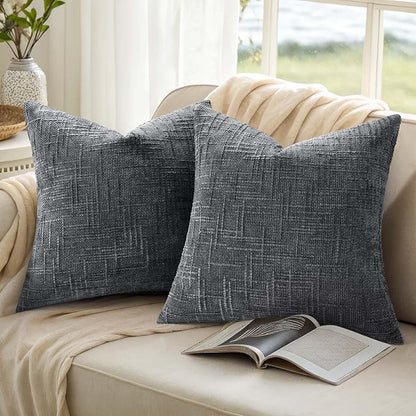decorUhome Dark Grey Chenille Throw Pillow Covers 20x20 Set of 2 Thick Textured Slubby Couch Pillow Covers Farmhouse Accent Modern Neutral Decorative Pillow Cases for Bed Sofa Living Room
