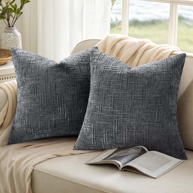 decorUhome Dark Grey Chenille Throw Pillow Covers 24x24 Set of 2 Thick Textured Slubby Couch Pillow Covers Farmhouse Accent Modern Neutral Decorative Pillow Cases for Bed Sofa Living Room