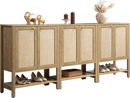 SICOTAS Shoe Cabinet with Storage - 3 Pieces Farmhouse Boho Shoe Organizer with Rattan Doors & Shelves, 5 Tier Free Standing Shoe Rack Storage Cabinet for Entryway, Living Room, Closet (Carbon Cherry)