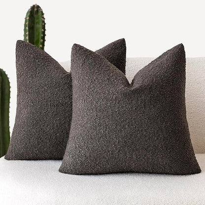 Foindtower Pack of 2 Textured Boucle Throw Pillow Covers Accent Solid Decorative Pillow Cases Cozy Woven Couch Cushion Case for Sofa Bedroom Living Room Home Decor, 18 x 18 Inch,Dark Brown