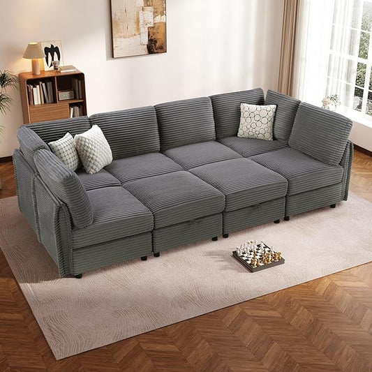 KKL Modular Sectional Sofa Bed with Storage Ottoman, Convertible L/U/J-Shaped Sleeper Couch Plush Wide-Wale Corduroy for Living Room, Apartment, Modern Design, Gray