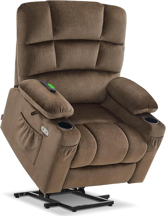 MCombo Dual Motor Power Lift Recliner Chair with Massage and Heat for Elderly People, Infinite Position, USB Ports, Cup Holders, Fabric 7679 (Medium, Brown)