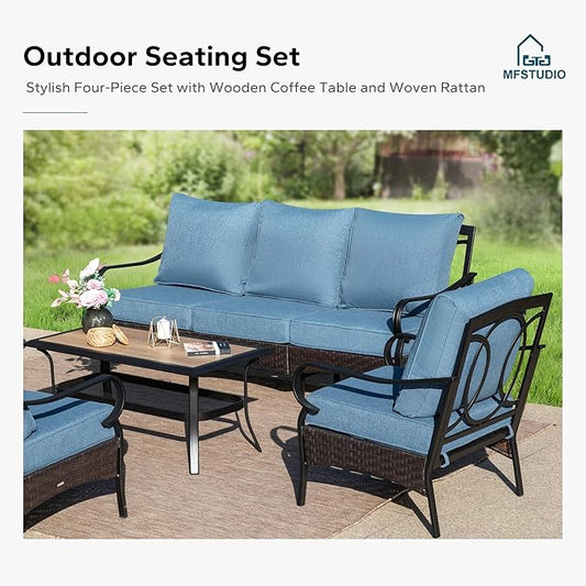 MFSTUDIO 5 PCS Outdoor Patio Furniture Set, Metal Outdoor Conversation Set, Rattan Wicker Patio Sectional Sofa Set with 2 x Swivel Single Sofa, 2-Seat and 3-Seat Sofa, 1 x Coffee Table, Navy Blue