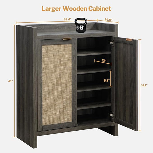 SICOTAS Shoe Cabinet Set of 2, Large Capacity Shoe Storage Organizer Cabinet, Tall Rattan Shoe Cabinet with Doors and Shelves, 6-Tier Farmhouse Boho Wooden Storage Cabinet for Entryway, Black Oak